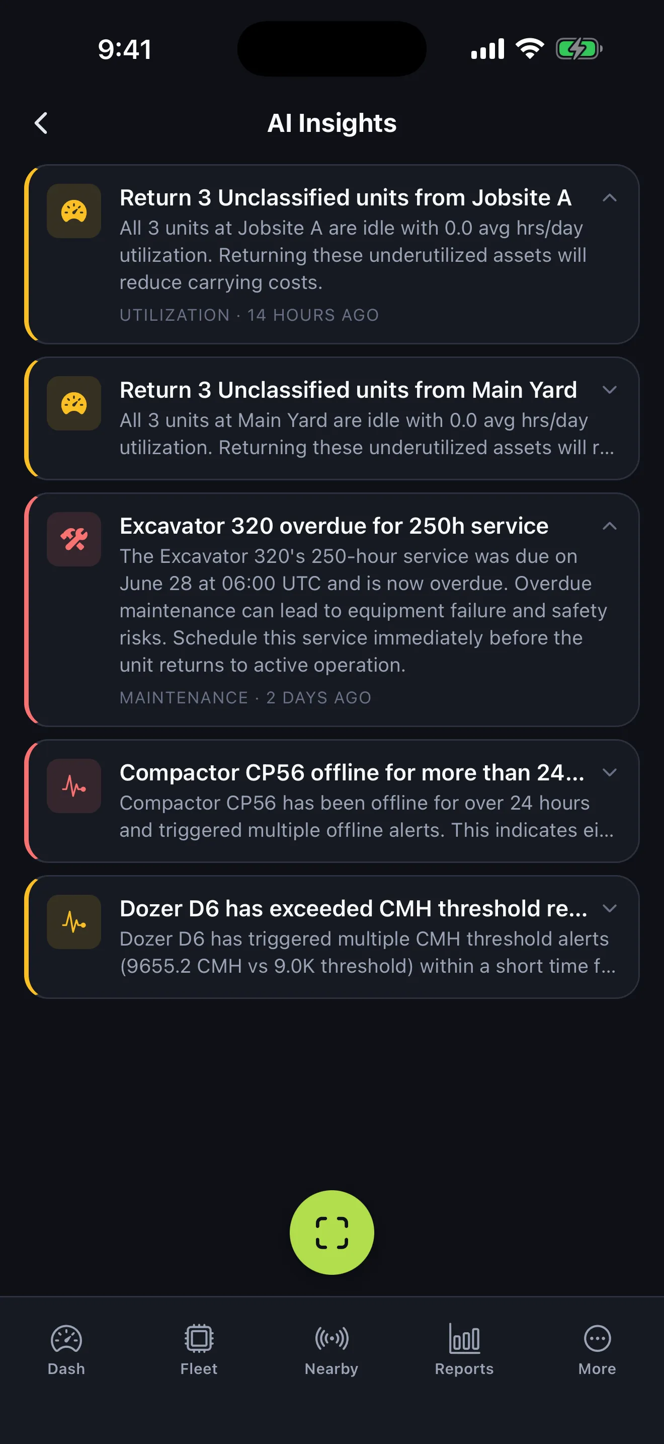 Fleet Mobile AI Insights feed ranking anomalies and maintenance recommendations