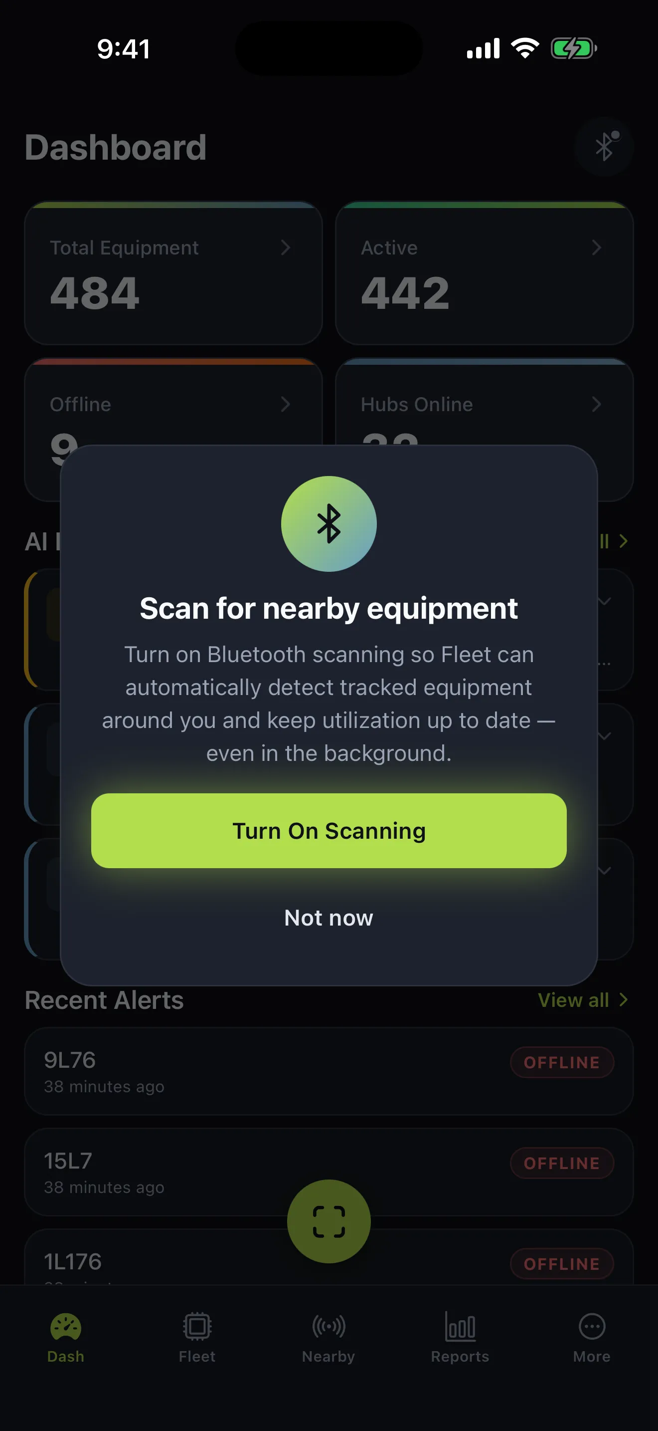 Fleet Mobile prompting to turn on Bluetooth scanning for nearby equipment