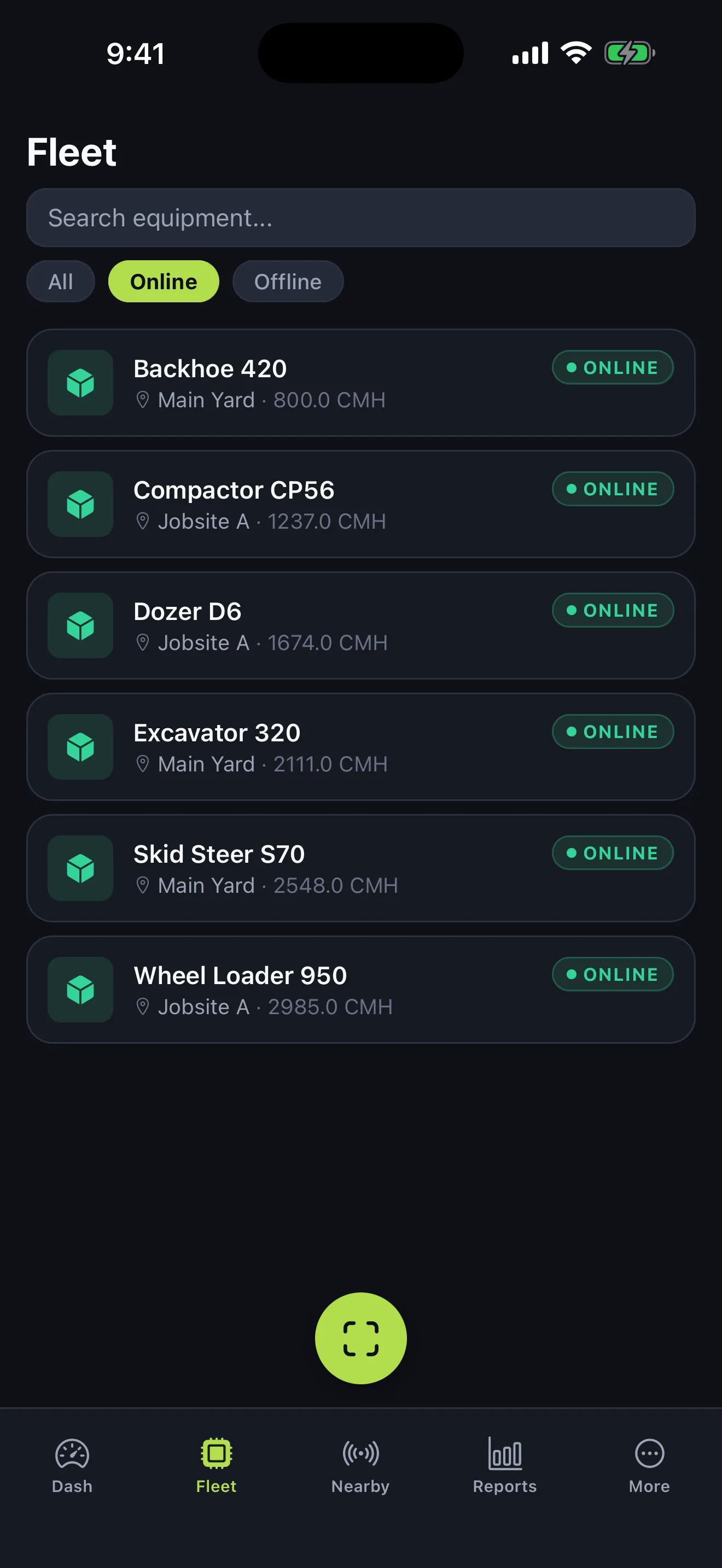 Fleet Mobile equipment list filtered to online assets with live condition hours