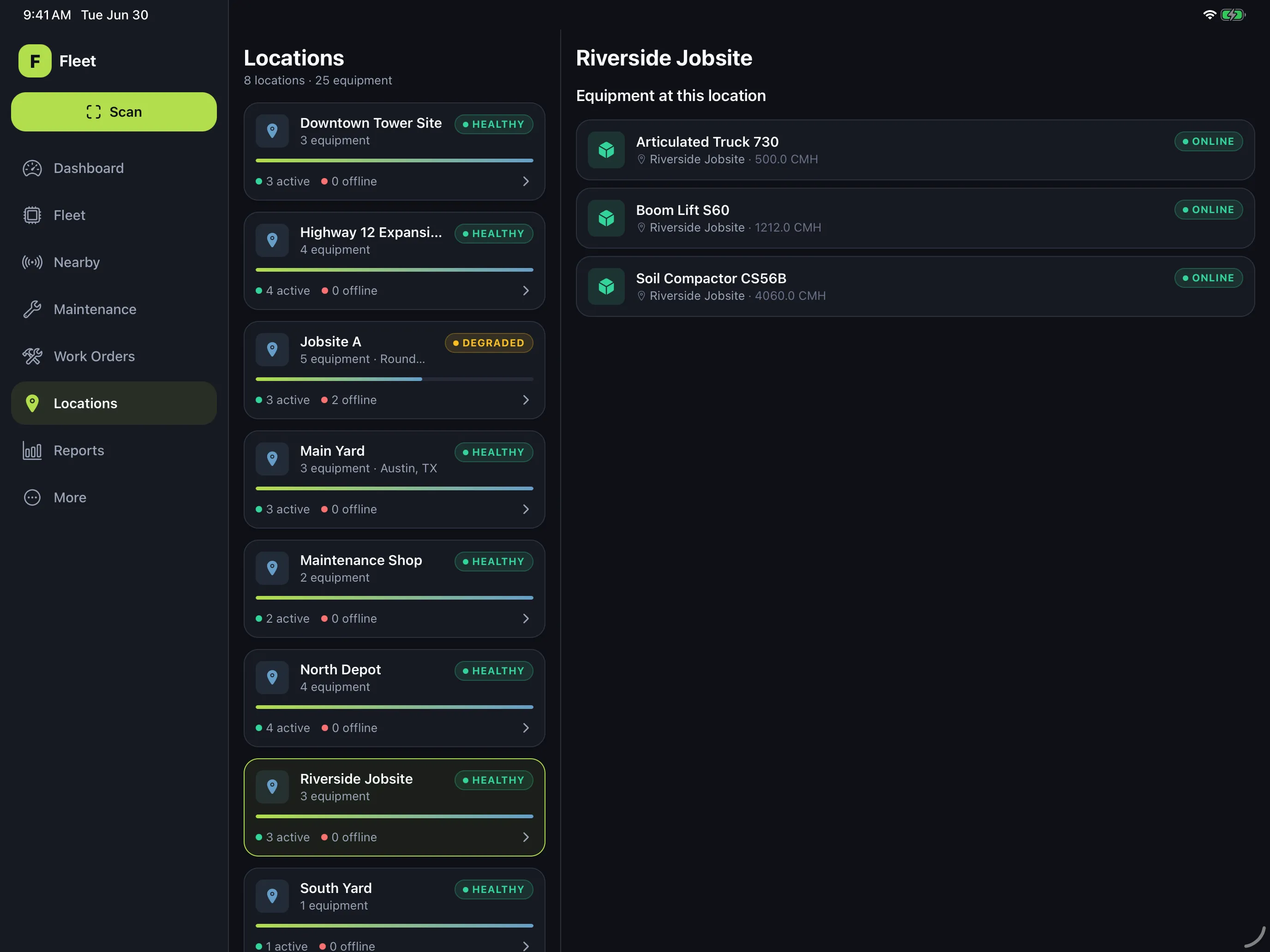 Fleet Mobile on iPad in landscape — a fixed sidebar, the list of eight job-site locations, and the Riverside Jobsite detail showing its equipment, all side by side