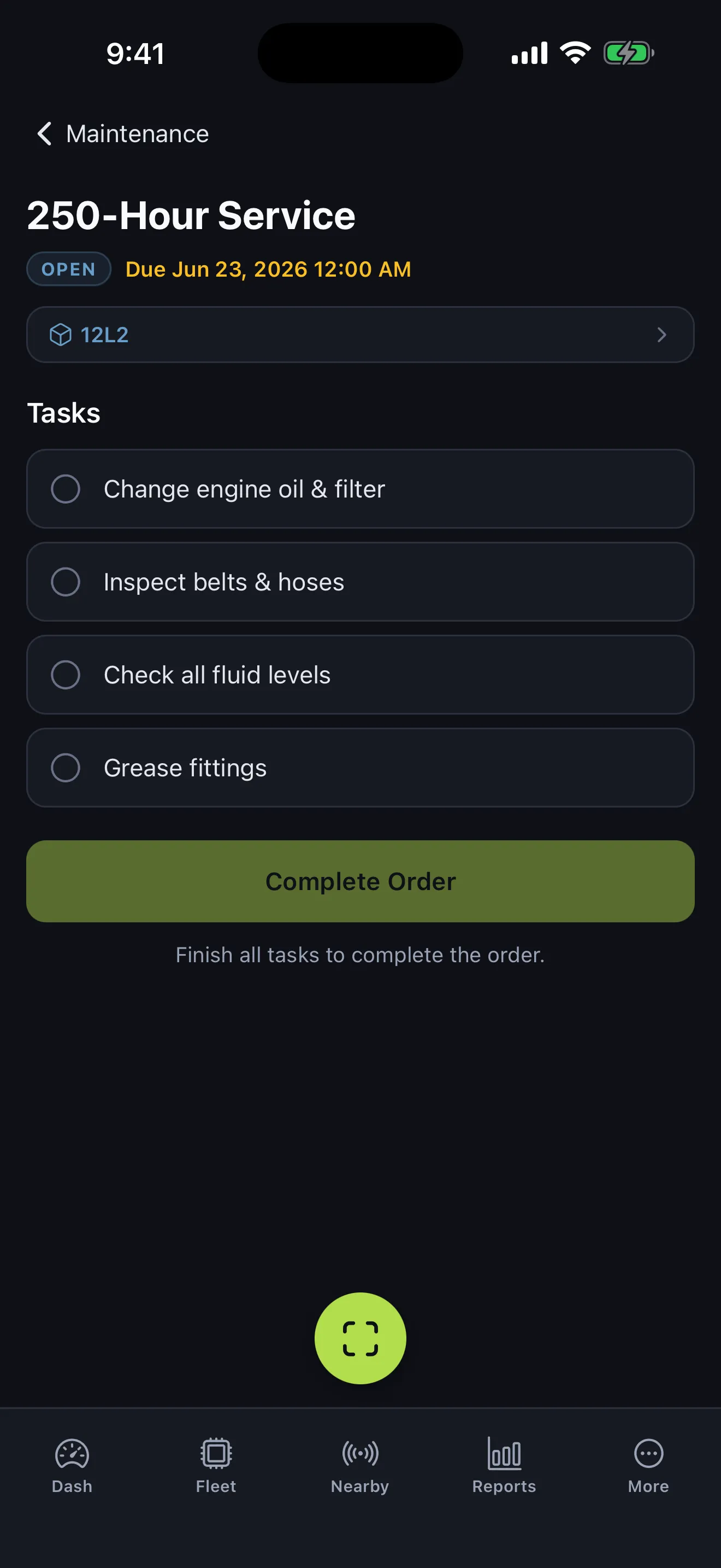 Fleet Mobile maintenance order showing a 250-hour service task checklist